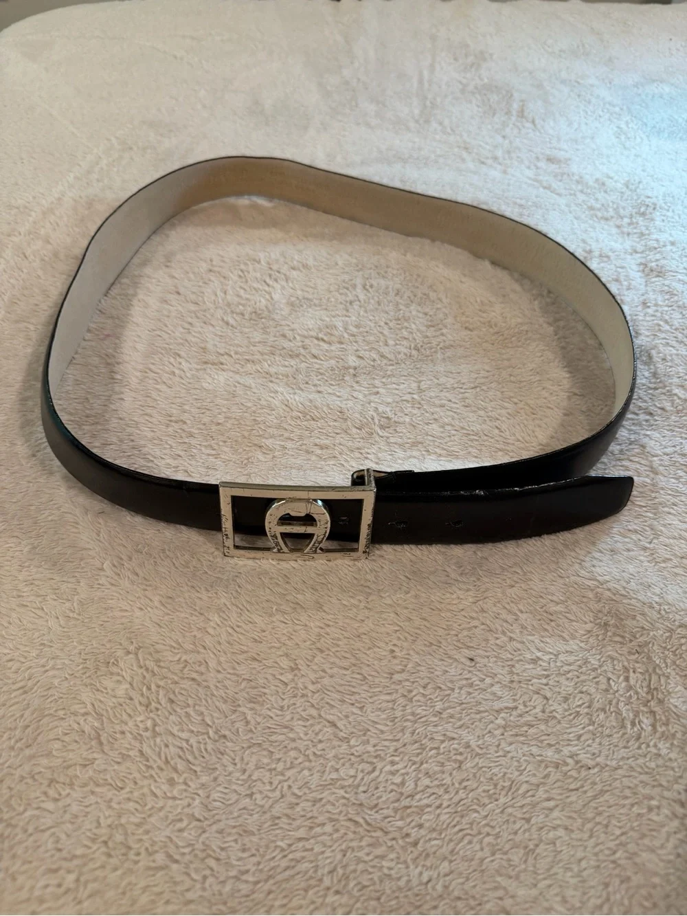 Etienne Aigner Black Leather Belt with Silver Logo Buckle 43” long